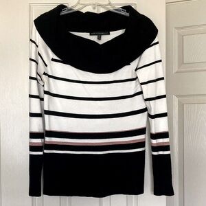 White House Black Market Black Pink and White Striped Cowl Neck Sweater